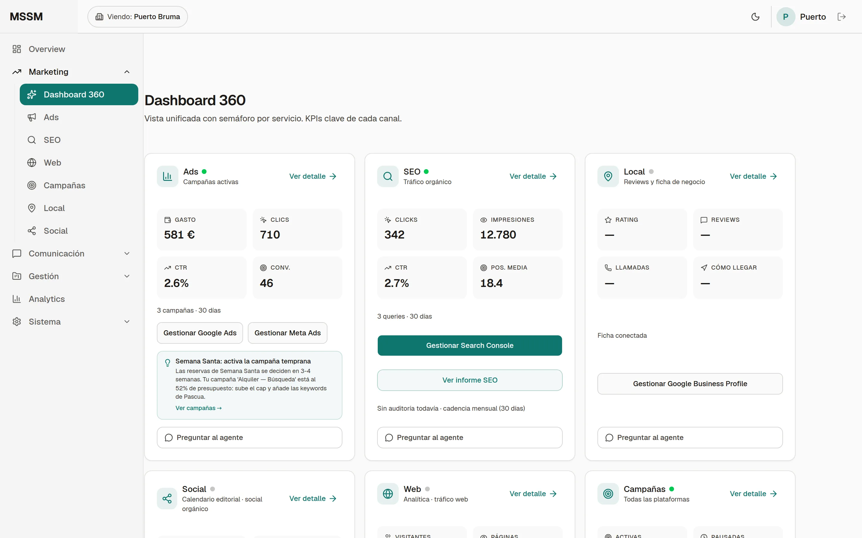 Panel de MSSM: Dashboard 360 con los servicios de Ads, SEO y Local, sus KPIs, los informes de los agentes y las acciones de cada tarjeta